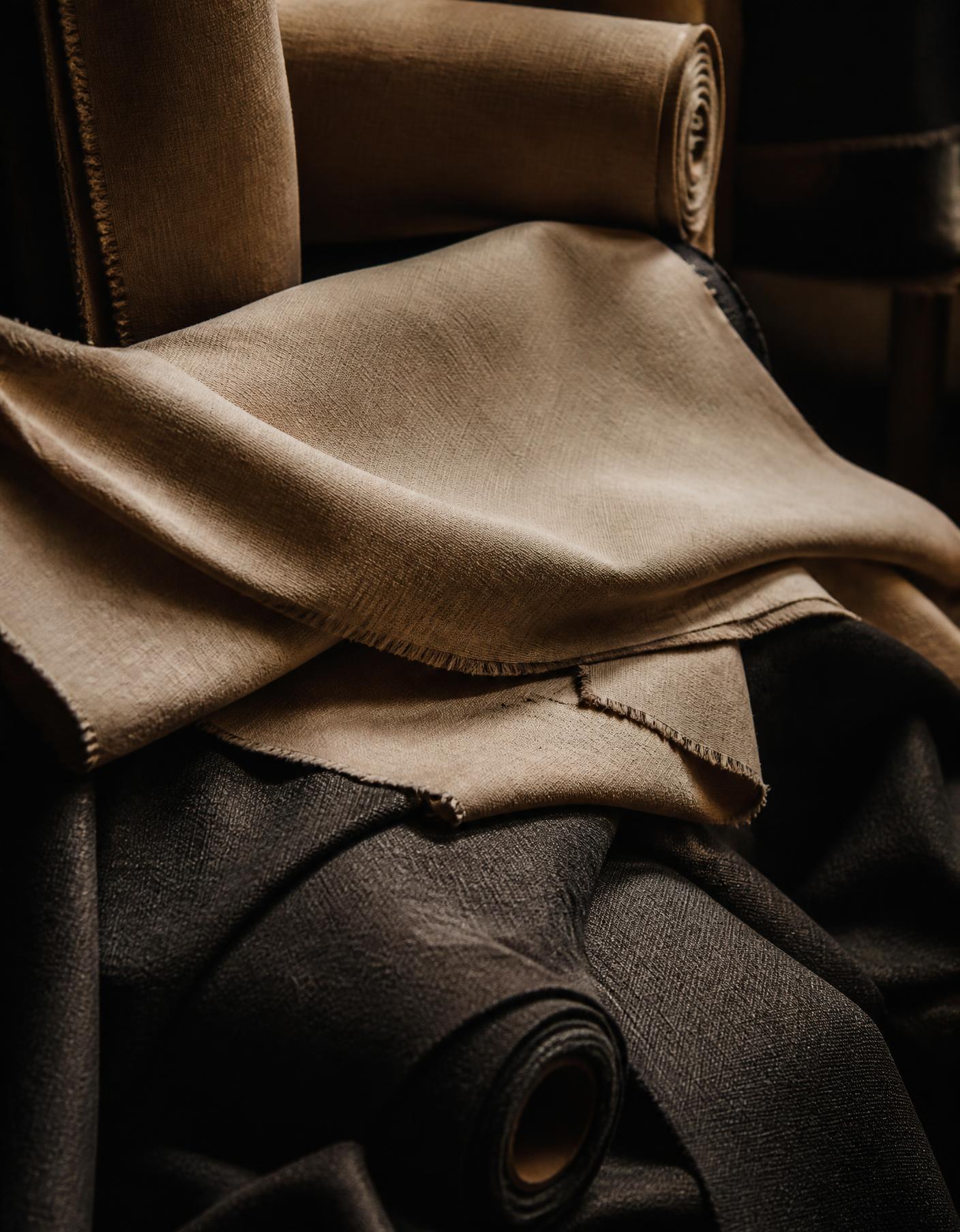 Bolts of draped linen and charcoal fabric in a garment atelier